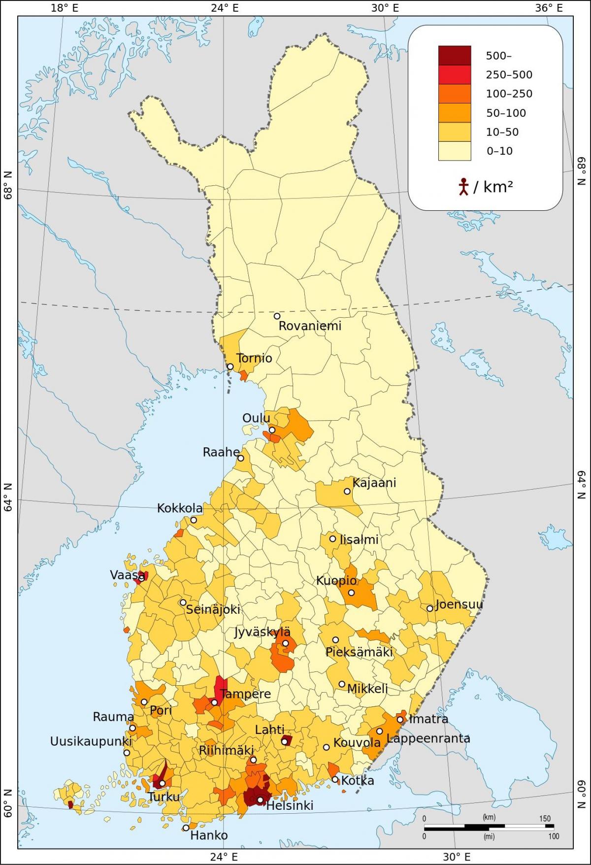 La finlande, la densité de la population de la carte