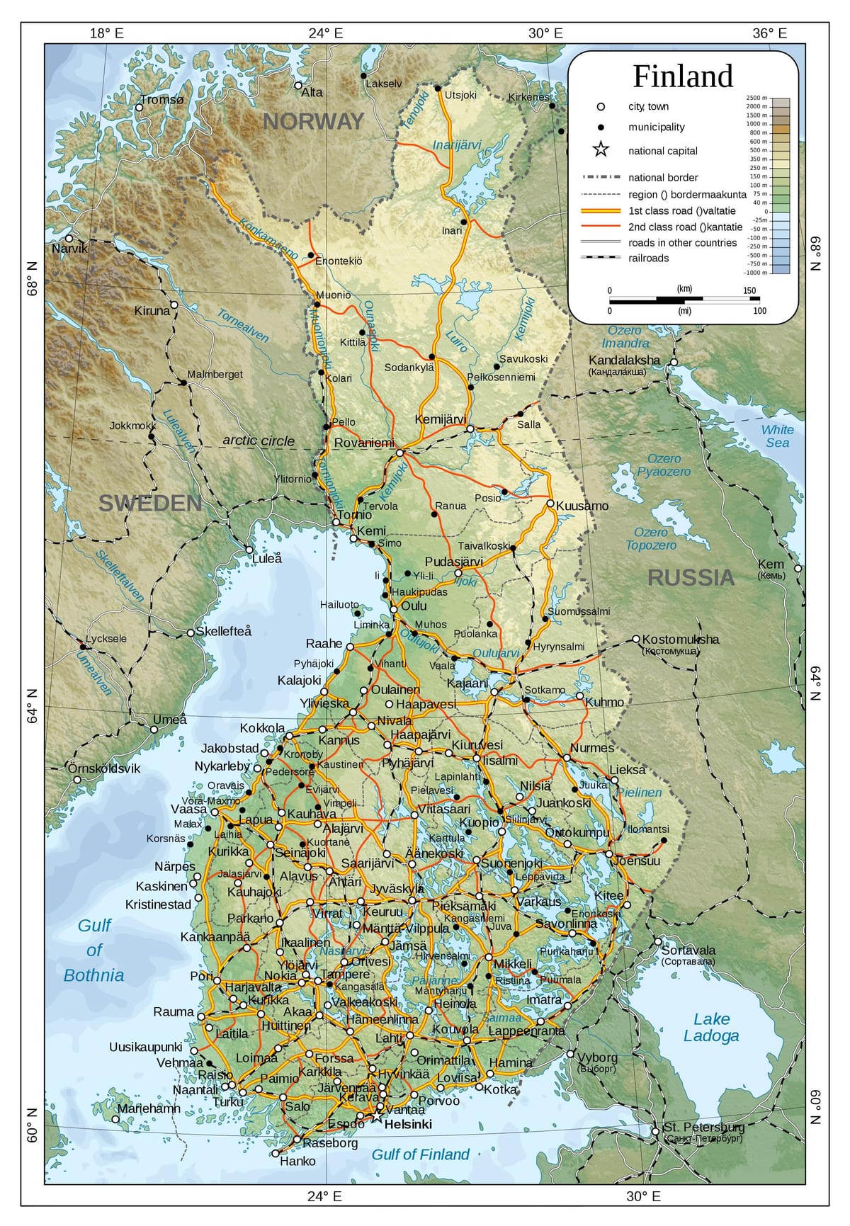 Carte physique de la Finlande