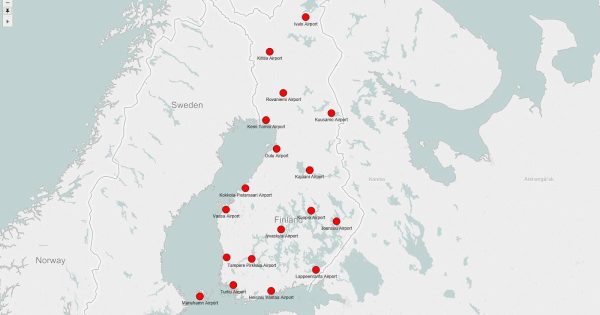 La carte des aéroports de Finlande