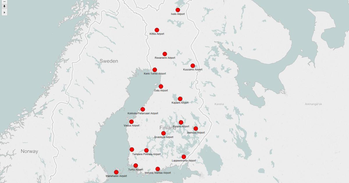 La carte des aéroports de Finlande